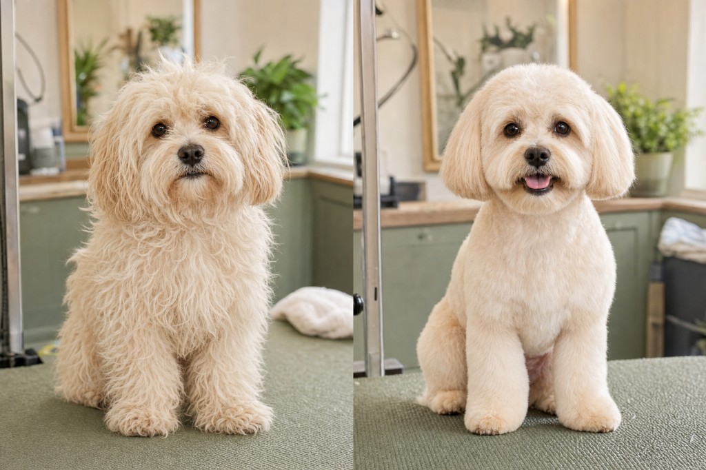 Before and after Maltipoo teddy bear cut